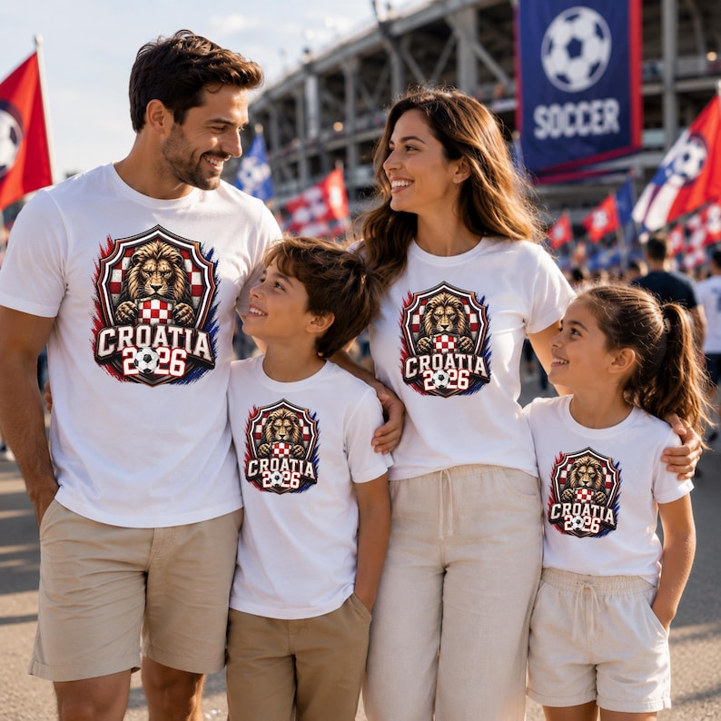 May include: A family of four wearing white t-shirts with a Croatia 2026 design. The design features a lion, the Croatian flag colors, and a soccer ball. The family is standing in front of a stadium.