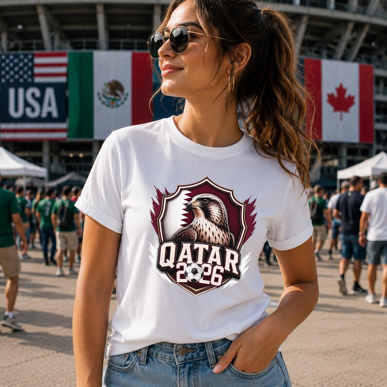 May include: White t-shirt featuring a maroon and white crest with a falcon and the text "QATAR 2026". The shirt is worn by a person in front of flags of the USA, Mexico, and Canada.
