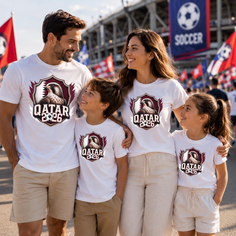 May include: A family of four wearing matching white t-shirts with a Qatar 2026 design. The shirts feature a maroon and white crest with a falcon and the text "QATAR 2026". The family is standing in front of a stadium with soccer flags.