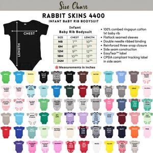 May include: A size chart for Rabbit Skins 4400 infant baby rib bodysuits. The chart includes measurements in inches for chest and length, and a variety of colors, including black, white, and various shades of blue, green, and pink.
