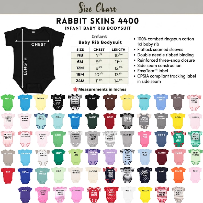 May include: A size chart for Rabbit Skins 4400 infant baby rib bodysuits. The chart includes measurements in inches for chest and length, and a variety of colors, including black, white, and various shades of blue, green, and pink.