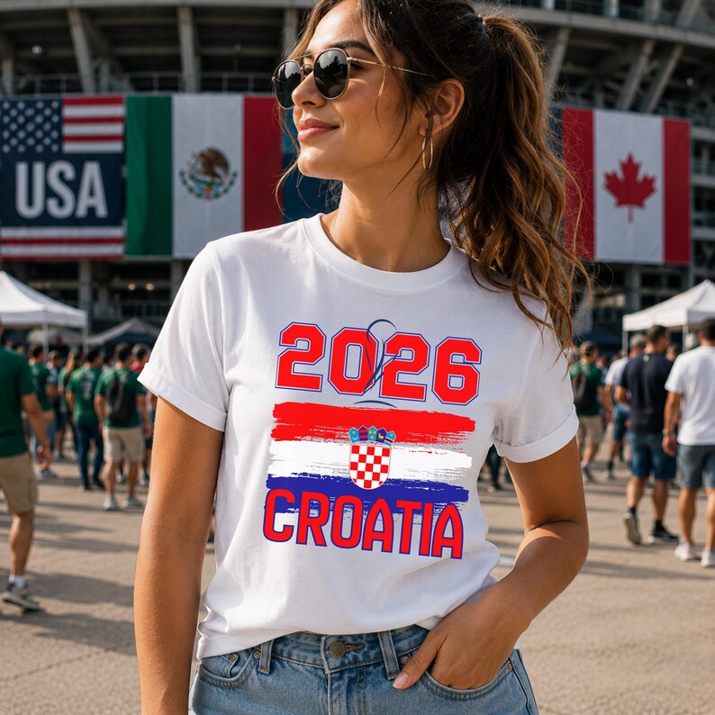 May include: White t-shirt with the text "2026 CROATIA" in red and blue. The design includes a red, white, and blue brushstroke with a Croatian coat of arms. The shirt is worn by a person with sunglasses in front of flags.