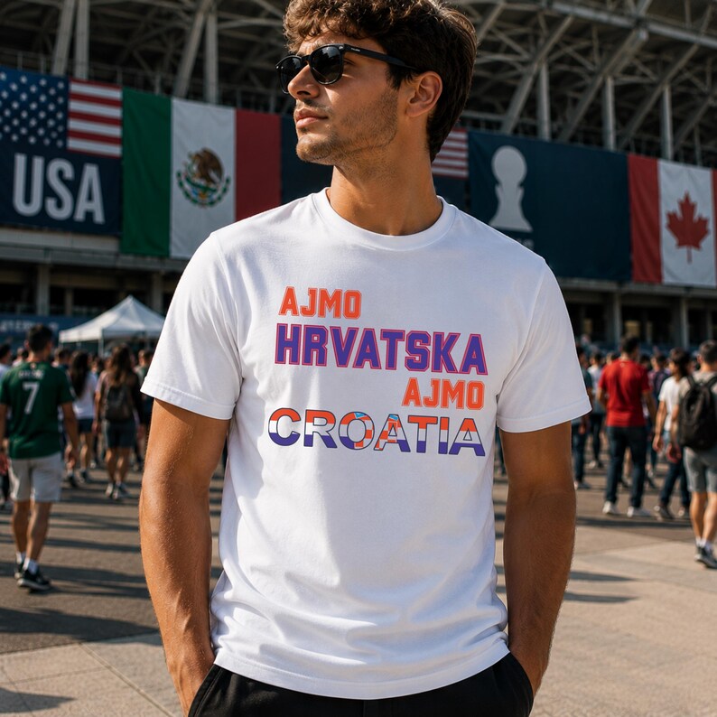 May include: A white short-sleeved t-shirt featuring the text AJMO in orange, HRVATSKA in purple, AJMO in orange, and CROATIA in blue and red checkered patterns. The shirt is worn by a person with dark hair and sunglasses in an outdoor setting.