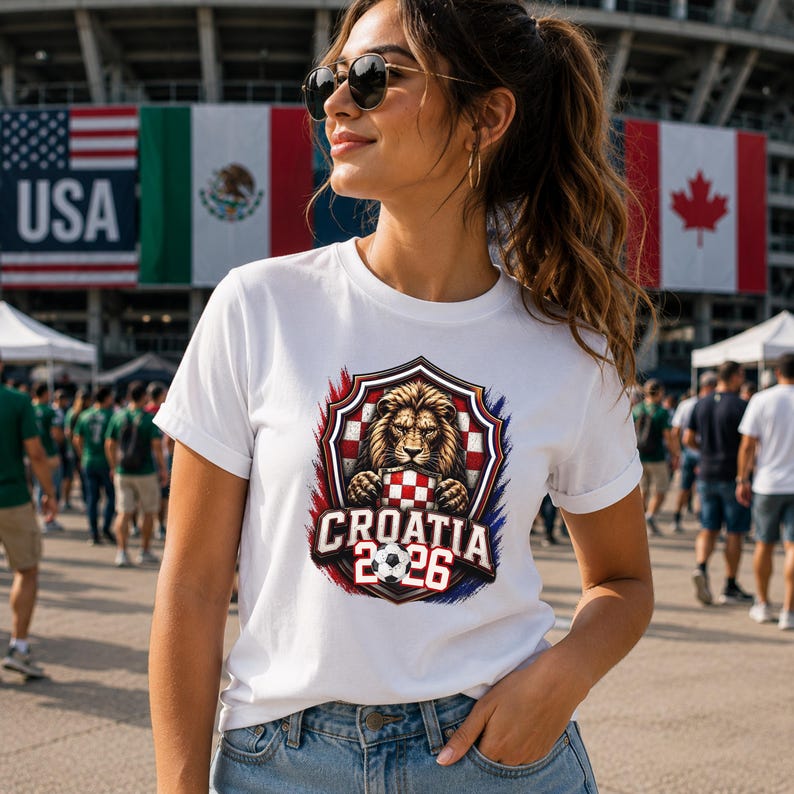 May include: White t-shirt featuring a shield design with a lion holding a checkered ball, the text "CROATIA 2026", and a soccer ball. The design is framed by red, white, and blue accents. Flags of USA, Mexico, and Canada are in the background.