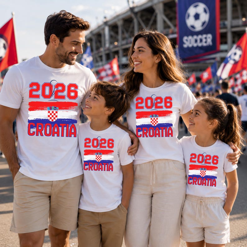 May include: A family wearing matching white t-shirts with the text "2026 CROATIA" in red and blue. The design includes a Croatian flag graphic. The shirts are short-sleeved and worn by two adults and two children, likely at a sporting event.