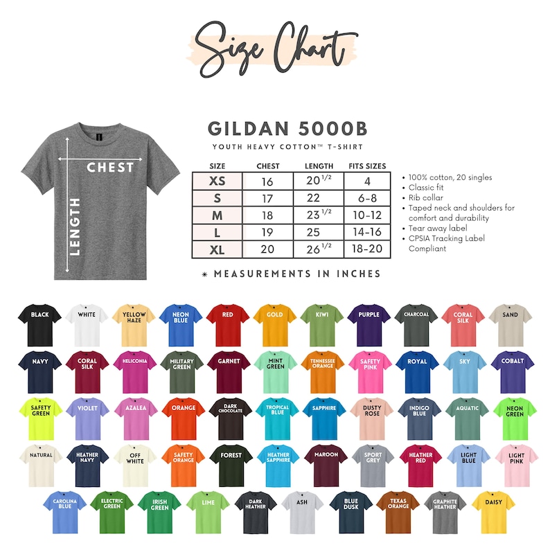 May include: A size chart for Gildan 5000B youth heavy cotton t-shirts. The chart includes chest and length measurements in inches for sizes XS to XL. The image also displays a variety of t-shirt colors, including black, white, and navy.