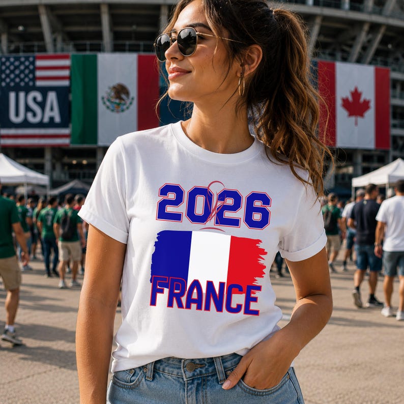May include: A white t-shirt with the text "2026 FRANCE" in blue and red, featuring the French flag. The shirt is worn by a person in front of flags of the USA, Mexico, and Canada.