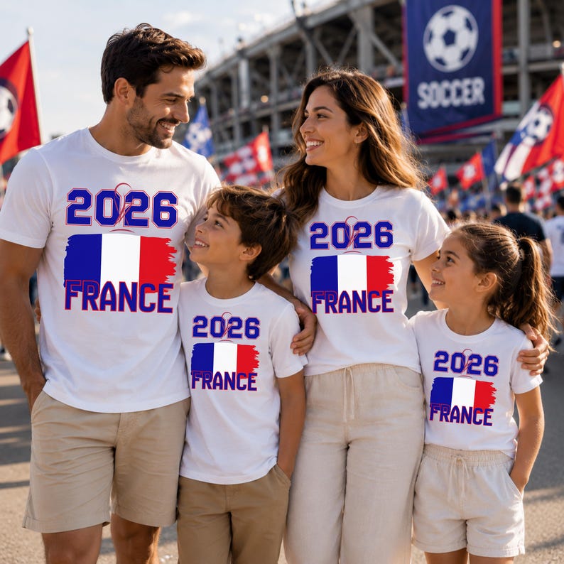 May include: A family of four wearing matching white t-shirts with the text "2026 FRANCE" and a French flag design. The shirts are short-sleeved. The family is standing outside, possibly at a sporting event.