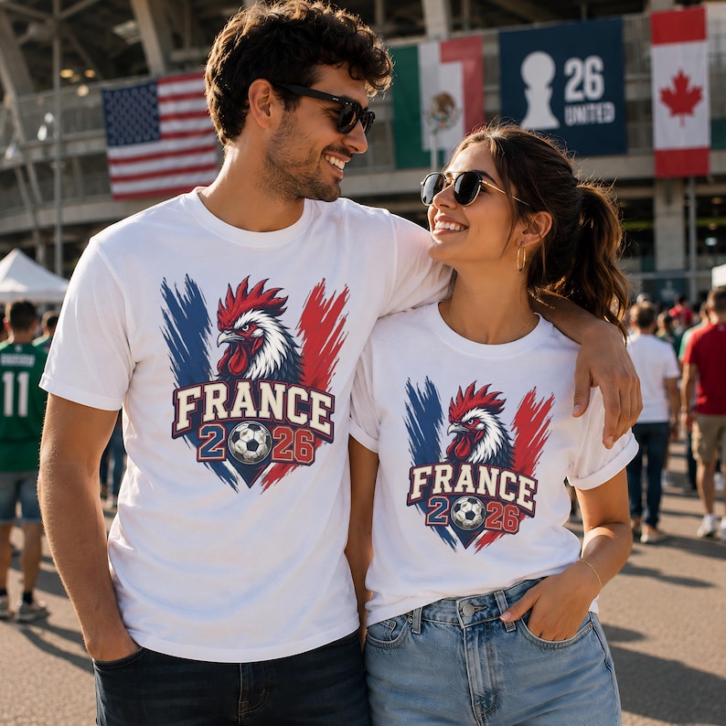 May include: Two white t-shirts with a graphic of a rooster in red, white, and blue, the colors of the French flag. The shirts also feature the text "FRANCE 2026" and a soccer ball. The shirts are worn by a man and a woman.