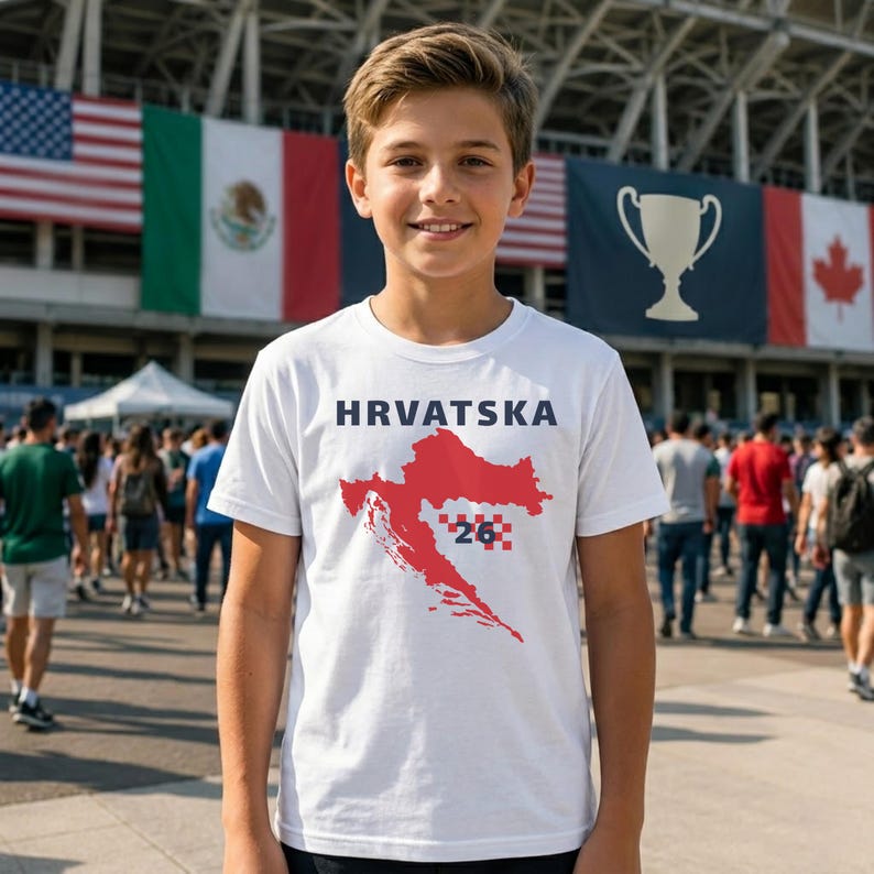 Op de afbeelding: Een wit T-shirt met korte mouwen met de tekst HRVATSKA in donkerblauwe letters boven een rode kaart van Kroati&euml;. De kaart bevat een rood-wit geblokt patroon en het getal 26 in het donkerblauw, gecentreerd op de borst van het kledingstuk.