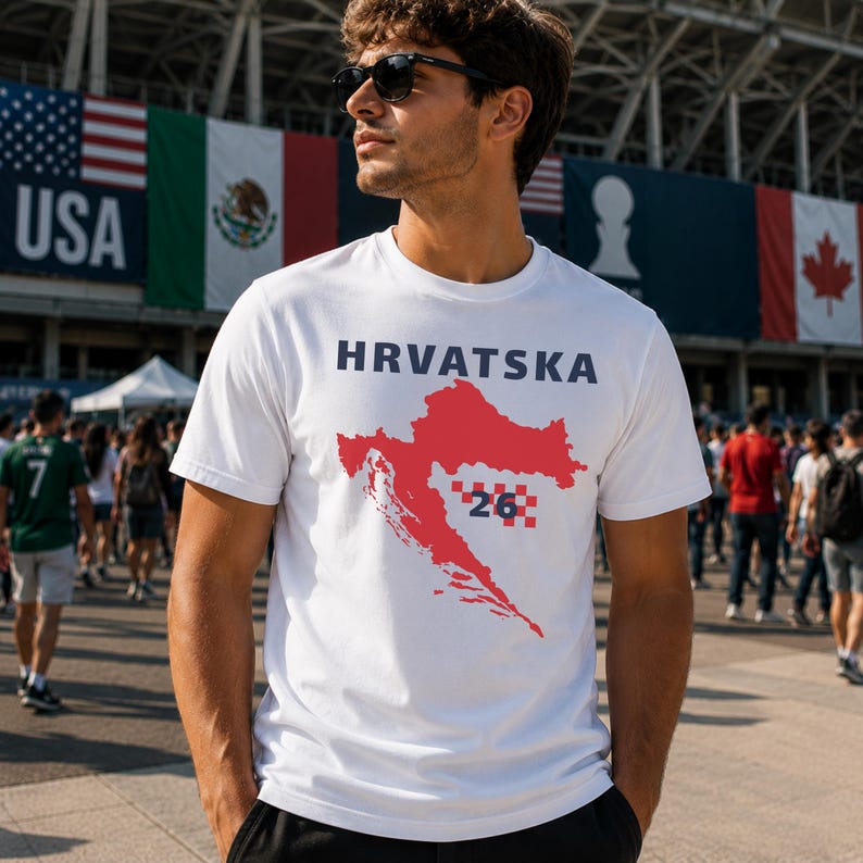 Op de afbeelding: Een wit T-shirt met korte mouwen voorzien van de tekst HRVATSKA in donkerblauwe letters boven een rode kaart van Kroati&euml;. De kaart bevat een rood-wit geblokt patroon met het cijfer 26 in het donkerblauw in het onderste deel van de afbeelding.