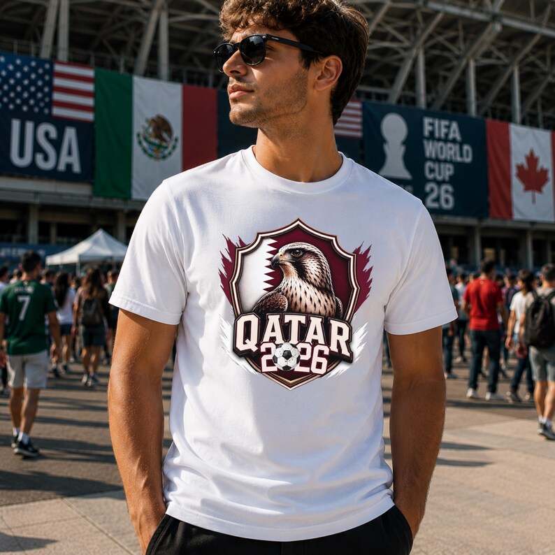 May include: White t-shirt featuring a graphic of a falcon inside a maroon shield with the text "QATAR 2026" and a soccer ball. The shirt is being worn by a person in front of a stadium.