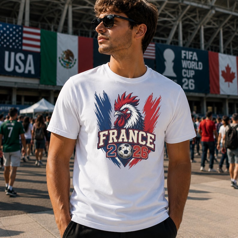 May include: White t-shirt featuring a graphic of a rooster in red, white, and blue, with the text "FRANCE 2026" and a soccer ball. The shirt is short-sleeved.