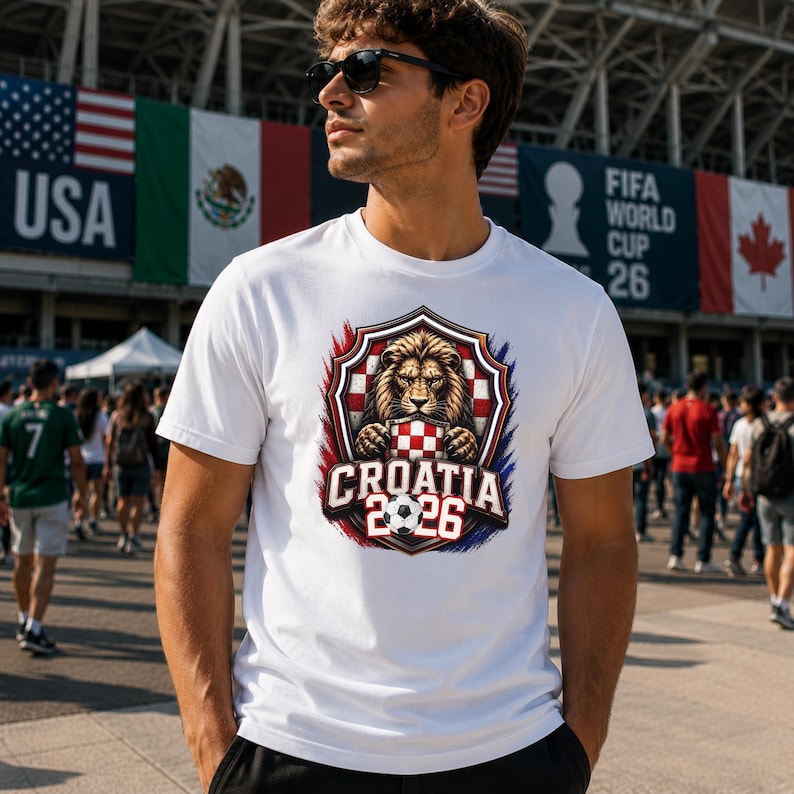 May include: White t-shirt featuring a shield design with a lion holding a checkered pattern, the text "CROATIA 2026", and a soccer ball. The design is in red, white, and blue colors. The shirt is worn by a person wearing sunglasses.