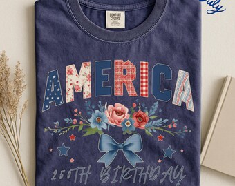 America 250th Birthday Shirt, Patriotic Floral Bow Tee, Fourth of July Comfort Colors