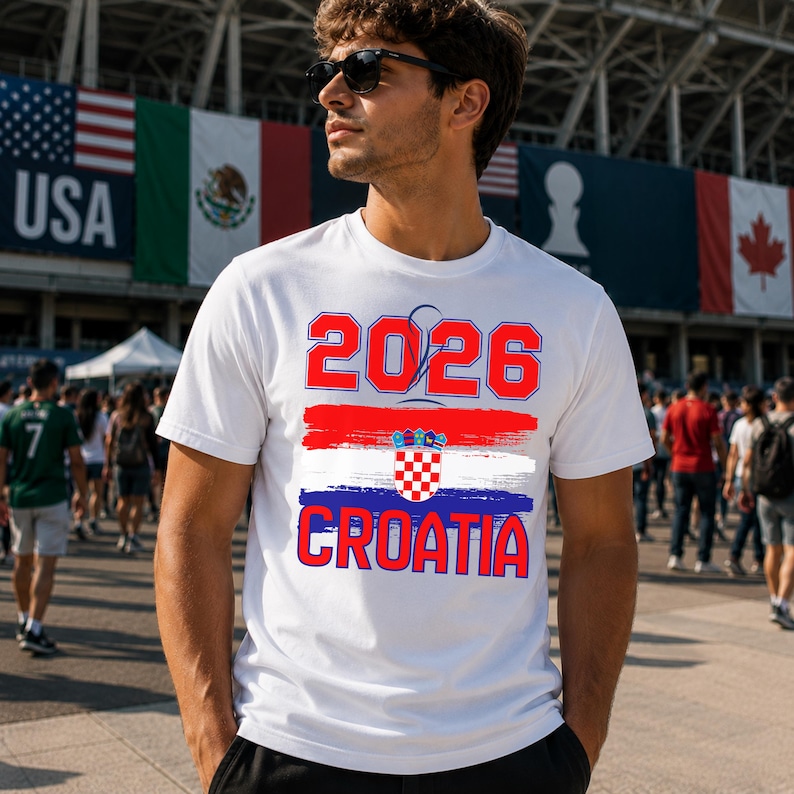 May include: White t-shirt with the text "2026 CROATIA" in red and blue. The design includes a Croatian flag graphic. The shirt is worn by a person wearing sunglasses, with flags in the background.