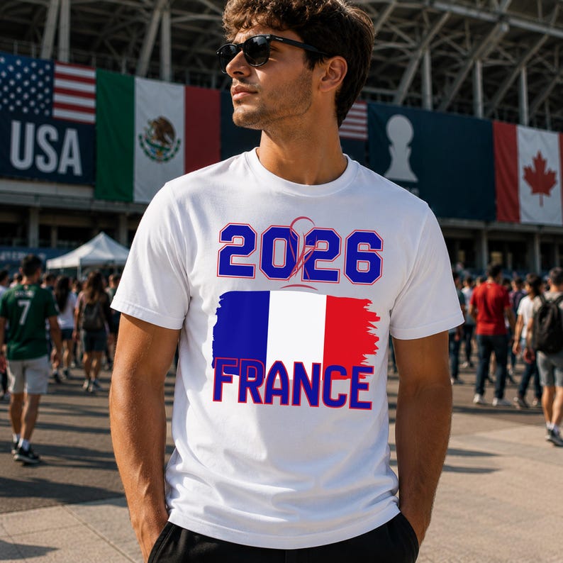 May include: White t-shirt with the text "2026 FRANCE" in blue and red, featuring the French flag design. The shirt is worn by a person wearing sunglasses, with flags of USA, Mexico, and Canada in the background.