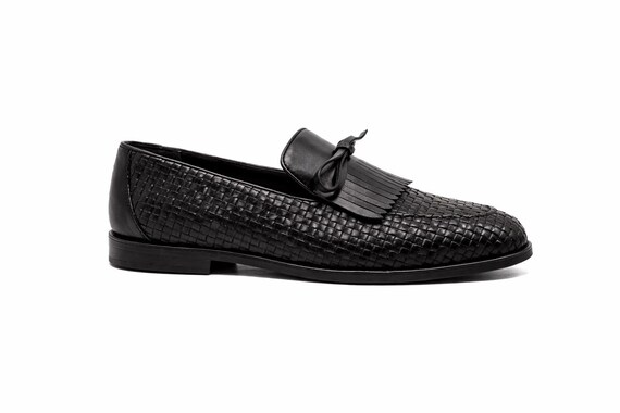 Handmade Black Woven Leather Loafers : Mens Tassel Kiltie Slip On Luxury Wedding Dress Shoes