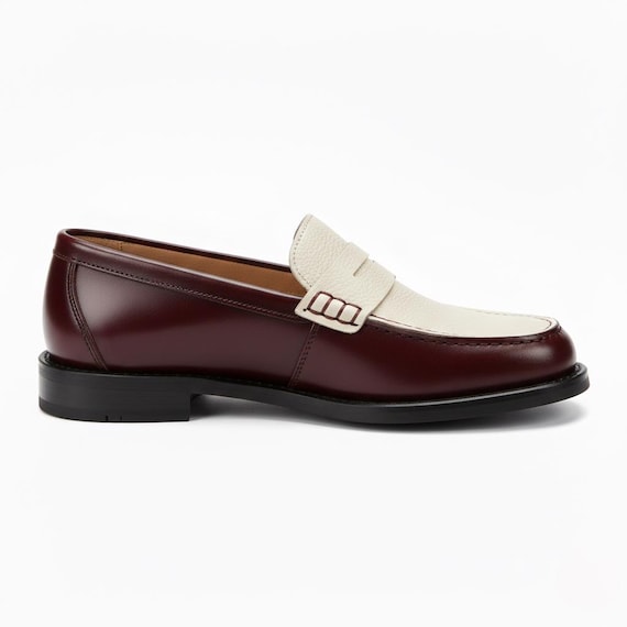 Two Tone Burgundy Cream Leather Penny Loafers: Classic Mens Slip On Shoes