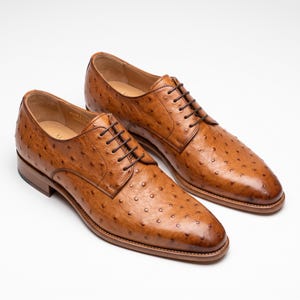 Handgefertigte Derby-Schuhe aus Straußenleder, cognacfarbene, elegante Schnürschuhe aus Leder, Hochzeitsschuhe