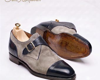 Handmade Two Tone Monk Strap Shoes, Grey Suede Cap Toe, Men's Formal Wedding Shoes ; SoleXLeather