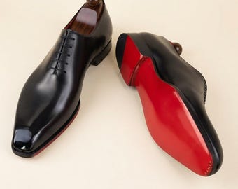 Christian Louboutin Handmade Black Wholecut Oxford Shoes for Men, Made to Order, Mens Calf Ankle shoes
