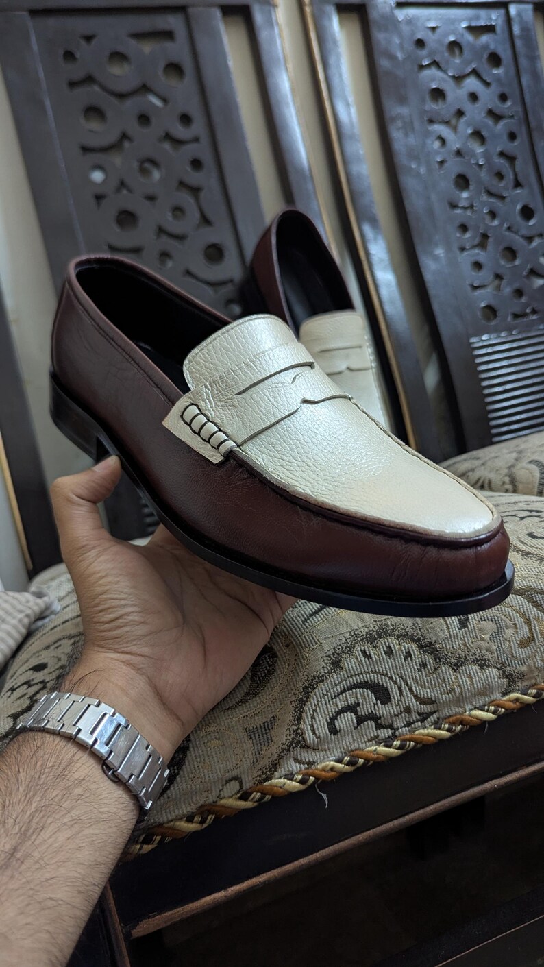Two Tone Burgundy Cream Leather Penny Loafers: Classic Mens Slip On Shoes image 6