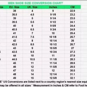 May include: A shoe size conversion chart titled MEN SHOE SIZE CONVERSION CHART with columns for US, EU, UK sizes, inches, and centimeters. The table lists numerical values from 5 to 16 for US sizes and includes a note about foot measurements.