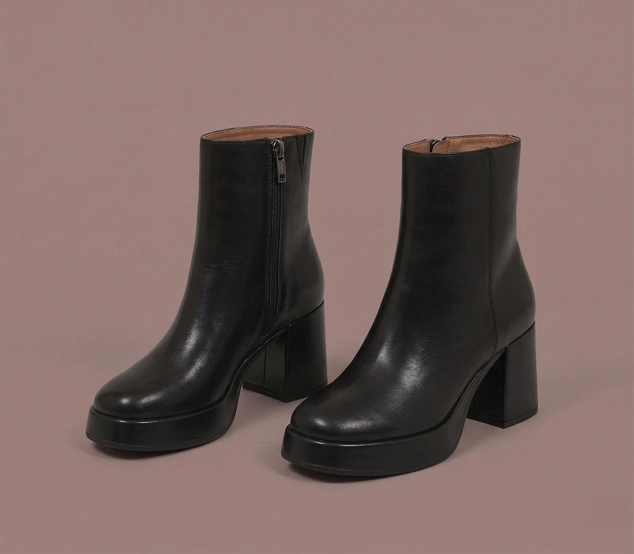 Black Leather Ankle Boots - Handmade Chunky Heel Side Zip Footwear