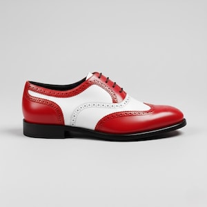 Handmade Red White Leather Wingtip Oxford Mens Dress Shoes