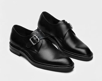 Męskie, ręcznie robione, czarne, pojedyncze buty typu monk strap | Skórzane buty wizytowe na ślub i do pracy