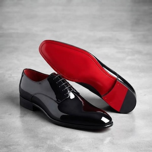 Christian Louboutin Black Patent Leather Derby Shoes for Men, Handmade Formal Dress Shoes with Red Sole, Wedding Office Footwear