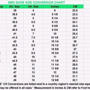 May include: A white shoe size conversion chart with a green header titled MEN SHOE SIZE CONVERSION CHART. The table lists US, EU, and UK sizes alongside corresponding measurements in inches and centimeters, ranging from US size 5 to 16.