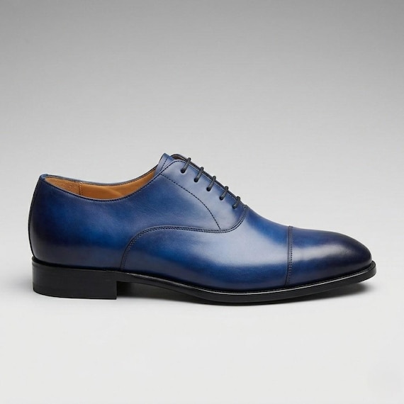 Handmade Blue Leather Captoe Oxford Mens Formal Shoes