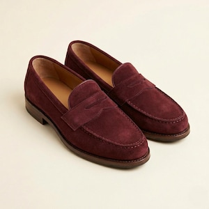 Burgundy Suede Penny Loafers Men | Handmade Slip-On | Custom Size | Leather Sole