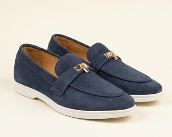Handmade Loafers | Navy Blue Suede Mens Shoes | Casual Summer Slip Ons
