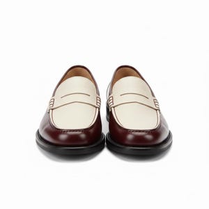 Two Tone Burgundy Cream Leather Penny Loafers: Classic Mens Slip On Shoes image 3