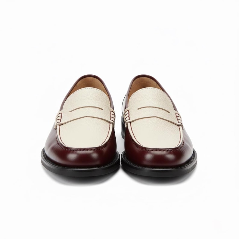 Two Tone Burgundy Cream Leather Penny Loafers: Classic Mens Slip On Shoes image 3