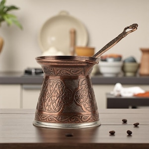Könnte beinhalten: Eine kupferfarbene türkische Kaffeekanne mit einem verzierten floralen Design. Die Kanne hat einen langen Griff und eine breite Öffnung. Sie steht auf einer Holzoberfläche mit verstreuten Kaffeebohnen. Der Hintergrund ist eine Küchenszene.