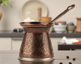 Cast Iron Turkish Coffee Pot 170 ml Engraved Cezve with Long Handle