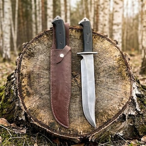 Hand forged custom Bowie knife with sheath, 5160 Spring Steel Full Tang hunting Knife, Black Micarta handle, Gift For Him