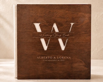 Handmade wooden wedding album · Digital photo book · Personalized die-cut cover · Panoramic lay-flat opening · Unique gift · Bride and groom