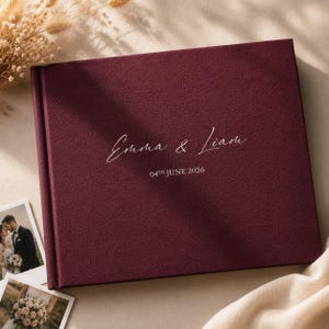 Personalised Linen Wedding Guest Book · 9.4x7"/24x18cm, 40 pages · Premium Fabric-Bound Keepsake · Minimalist Elegant Script · Custom M