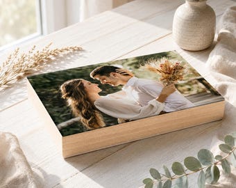 Custom Photo Memory Chest · Personalized Keepsake Box for Wedding Memories · Wooden Storage Box with Picture Lid