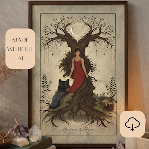 Self Love and Healing Poster – Root Chakra Art – Spiritual Woman with Wolf – Grounding and Inner Strength