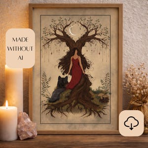May include: Framed art print featuring a woman in a red dress standing beneath a tree with a crescent moon. A black cat rests at the base of the tree. The text "MADE WITHOUT AI" is visible. The artwork is in a wooden frame.