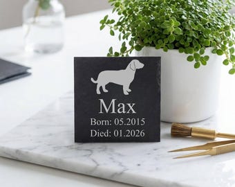 Anpassad minnesplakett för tax basset hound, graverad gravsten i skiffer för husdjur, minnessten för hundar