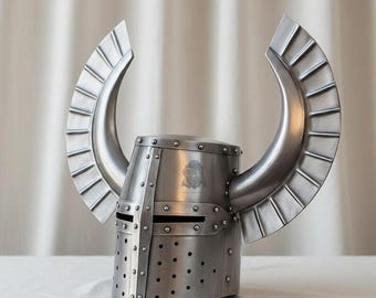 Handmade Viking Horned Helmet, Norse Warrior Armor, Medieval Cosplay Helm, LARP & Reenactment Helmet