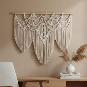 Könnte beinhalten: Ein cremefarbener Makramee-Wandbehang mit einer Holzstange. Das aufwendige Design weist geometrische Muster und einen kaskadierenden Fransenbesatz auf. Die Wanddekoration wird an einer beigefarbenen Wand über einem Holztisch ausgestellt. Eine weiße Vase mit getrockneten Pflanzen steht auf dem Tisch.