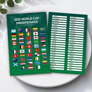 Op de afbeelding: Twee rechthoekige groene kaarten voor een 2026 World Cup sweepstakes. Eén kaart toont een wereldkaart als achtergrond, de tekst 2026 WORLD CUP SWEEPSTAKES en een raster met nationale vlaggen. De tweede kaart bevat een lijst met landnamen en lege regels.